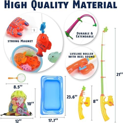 CozyBomB™ Magnetic Fishing Toys Game Set for Kids | Water Table Bathtub Kiddie Pool Party & Pole Rod Net, Plastic Floating Fish Toddler Color Ocean Sea Animals Birthday Age 3 4 5 6 Year
