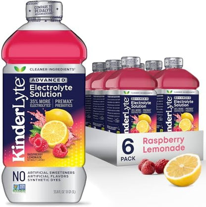 Kinderlyte Advanced Electrolyte Solution, 2X Faster Hydration vs. Water Alone, No Artificial Sweeteners or Flavors, No Synthetic Dyes, Raspberry Lemonade, for Kids and Adults, 33.8 fl oz (Pack of 6)
