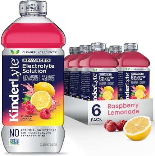 Kinderlyte Advanced Electrolyte Solution, 2X Faster Hydration vs. Water Alone, No Artificial Sweeteners or Flavors, No Synthetic Dyes, Raspberry Lemonade, for Kids and Adults, 33.8 fl oz (Pack of 6)
