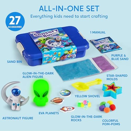 Klever Kits Outer Space Sensory Bin for Toddlers with Glow in The Dark Alien and Rocks, Sandbox with Lid Dual-Color Sand, Preschool Learning Activities Gifts for Boys Girls Age 3+