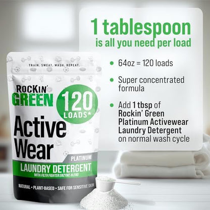 Rockin' Green Laundry Detergent, Plant based, All Natural Laundry Detergent Powder, Vegan and Biodegradable Odor Fighter, Safe for Sensitive Skin (Active Wear 120 Loads - Unscented)