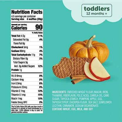 Beech-Nut Toddler Snacks, Mini Waffles with Hidden Veggies, Pumpkin Apple Cinnamon, Non-GMO, 3.2 oz Bag (7 Pack)