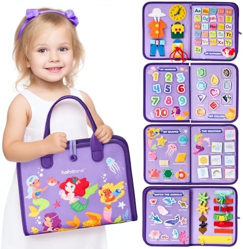 hahaland Busy Board Montessori Toys - 3 Year Old Girl Gifts Bithday Gift Ideas - 8 in 1 Preschool Learning Activities - Christmas Toddler Stocking Stuffers Gifts