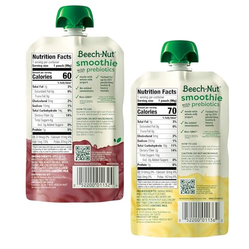 Beech-Nut Toddler Smoothies Variety Pack, Yogurt Smoothies with Prebiotics, Baby & Toddler Food Pouches, 3.5 oz (18 Pack)