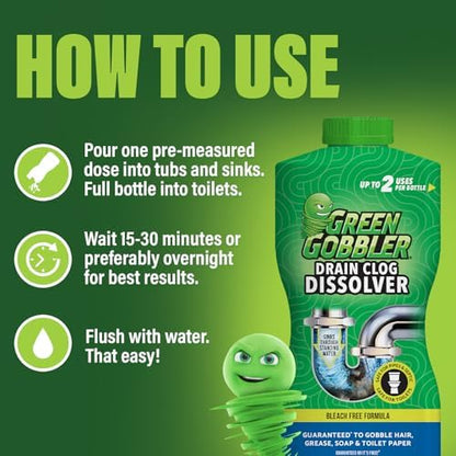 Green Gobbler Liquid Hair Drain Clog Remover & Cleaner, For Toilets, Sinks, Tubs - Septic Safe, 2 Pack