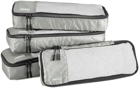 Amazon Basics Slim Packing Cubes for Travel, Packing Organizers, 4-Piece-Set With Double Zipper Pulls and Mesh Top Panel, 100% Durable Polyester, Gray, 14"L x 5"W x 3"H