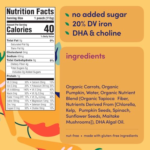 Cerebelly Organic Baby Food Pouches – Organic Veggie Purees for Toddlers | No Added Sugar, Fiber, Non-GMO | Blended Toddler Food | 4oz BPA-Free Baby Food | Carrot Pumpkin | 12 Count