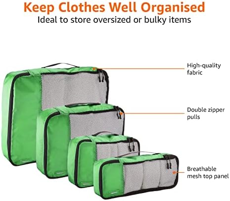 Amazon Basics Packing Cubes for Travel, Packing Organizers Set, 4-Piece-Set (Slim, Small, Medium, Large) With Double Zipper Pulls and Mesh Top Panel, 100% Durable Polyester, Green