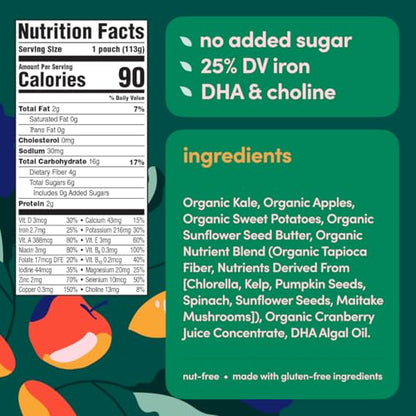 Cerebelly Organic Baby Food Pouches – Organic Veggie Purees for Toddlers | No Added Sugar, Fiber, Non-GMO | Blended Toddler Food | 4oz BPA-Free Baby Food | Kale Sweet Potato Apple | 12 Count