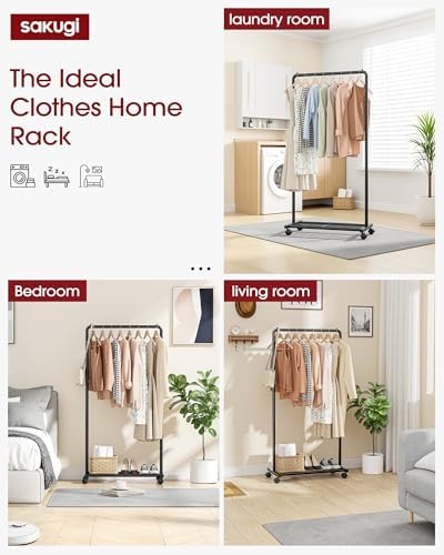Clothes Rack - Clothing Rack with Storage Mesh Shelf & Casters, Heavy-Duty Metal Clothing Rack for Hanging Clothes, Dresses, Coats, Large Load Capacity, Easy Assembly, Black, 28.0"x14.0"x59.0"