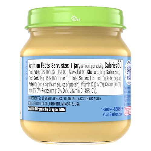 Gerber Stage 1 Baby Food, Organic Apple Jar, Fruit Puree, Vitamin C, Non-GMO, Baby Food Fruit, Puree Jars Glass, 10-pack