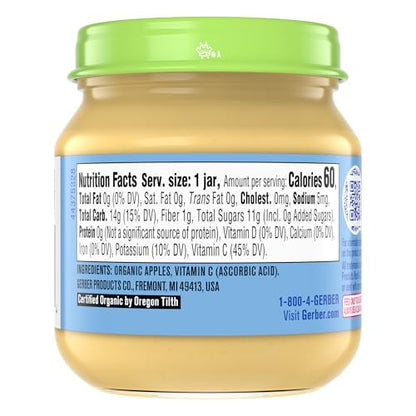 Gerber Stage 1 Baby Food, Organic Apple Jar, Fruit Puree, Vitamin C, Non-GMO, Baby Food Fruit, Puree Jars Glass, 10-pack