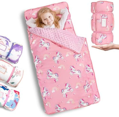 Primlect Thickened Toddler Nap Mat with Removable Pillow and Minky Blanket, Extra Large 55''x35'' Sleeping Bag, Washable, Roll up, Perfect for Daycare, Preschool, Kindergarten, Boys and Girls Unicorn