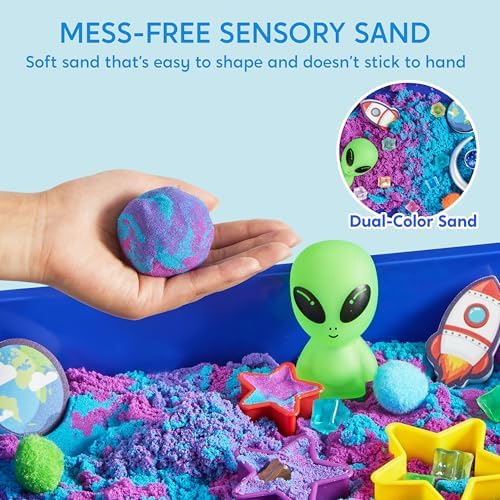 Klever Kits Outer Space Sensory Bin for Toddlers with Glow in The Dark Alien and Rocks, Sandbox with Lid Dual-Color Sand, Preschool Learning Activities Gifts for Boys Girls Age 3+