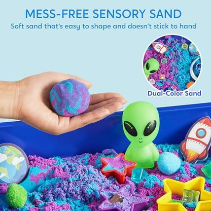 Klever Kits Outer Space Sensory Bin for Toddlers with Glow in The Dark Alien and Rocks, Sandbox with Lid Dual-Color Sand, Preschool Learning Activities Gifts for Boys Girls Age 3+
