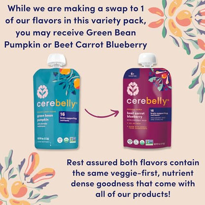Cerebelly Organic Baby Food Pouches – Organic Hearty Veggie Purees | 16 Nutrients, No Added Sugar, Non-GMO | Blended Toddler Food | 4oz BPA-Free | 4 Flavors | 8 Pack