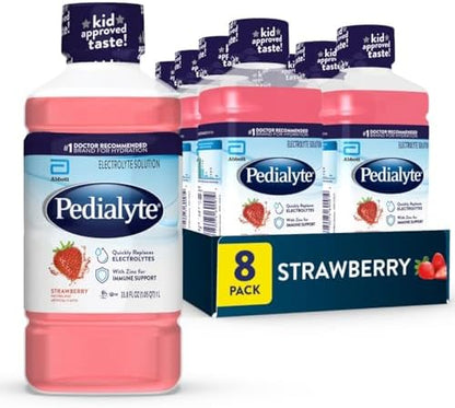 Pedialyte Electrolyte Drink, Hydration Drinks for Kids & Adults, Strawberry, Liter, Pack of 8