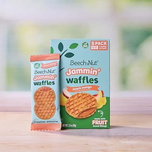 Beech-Nut Toddler Snacks Jammin' Waffles with Fruit Filling for Babies & Toddlers, Peach Mango, 10 Boxes (50 Individually Wrapped Packs)