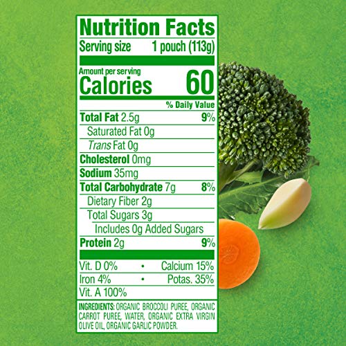 Happy Baby Organics Savory Blends Stage 2 Baby Food, Broccoli & Carrots with Olive Oil + Garlic, 4 Ounce Pouch (Pack of 16)