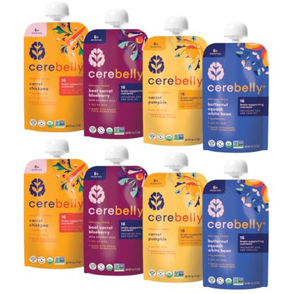 Cerebelly Organic Baby Food Pouches – Organic Hearty Veggie Purees | 16 Nutrients, No Added Sugar, Non-GMO | Blended Toddler Food | 4oz BPA-Free | 4 Flavors | 8 Pack