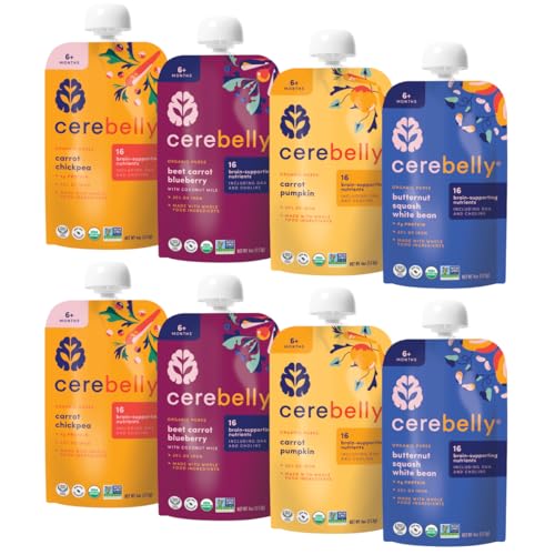Cerebelly Organic Baby Food Pouches – Organic Hearty Veggie Purees | 16 Nutrients, No Added Sugar, Non-GMO | Blended Toddler Food | 4oz BPA-Free | 4 Flavors | 8 Pack