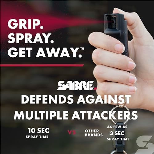 SABRE Pepper Spray with Quick Release Key Ring, 3X longer spray time, 10-Foot (3-Meter) Range, Black