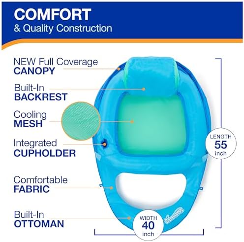 SwimWays Spring Float Premium Recliner with Canopy Pool Lounger, Inflatable Pool Floats Adult with Fast Inflation for Ages 15 & Up, Sky Blue