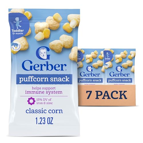 Gerber Toddler Snacks, Snacks for Kids, Kernel Free, Heart Shaped Puffcorn Snack, Classic Corn Flavor, Zinc and Iron Helps Support Immune System, 7-Pack