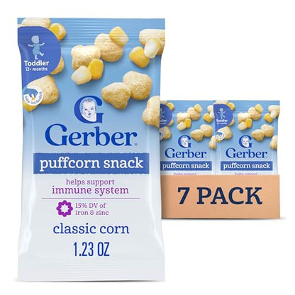 Gerber Toddler Snacks, Snacks for Kids, Kernel Free, Heart Shaped Puffcorn Snack, Classic Corn Flavor, Zinc and Iron Helps Support Immune System, 7-Pack