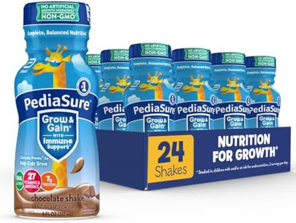 PediaSure Grow & Gain with Immune Support, 27 Vitamins & Minerals for Kids, 7g Protein, Non-GMO, Gluten-Free, Chocolate, 8-fl-oz Bottle, Pack of 24