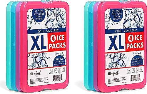 Cool Coolers by Fit & Fresh, Reusable & Long-Lasting XL Slim Ice Packs, Cold Packs for Cooler,Freezer Packs for Lunch Boxes Cooler Accessories for Lunch, Camping, Beach, and Work, 8PK, Multicolored