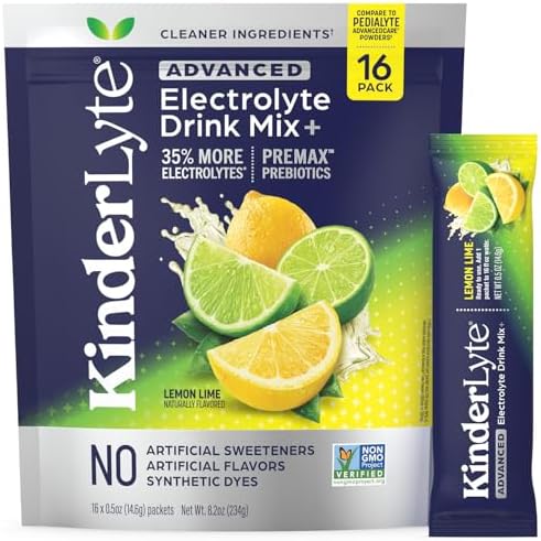 Kinderlyte Advanced Electrolyte Powder for Kids and Adults - Drink Mix Hydration Packets (Lemon Lime, 16 Count), with PreMax Prebiotics, No Artificial Sweeteners or Flavors, No Synthetic Dyes