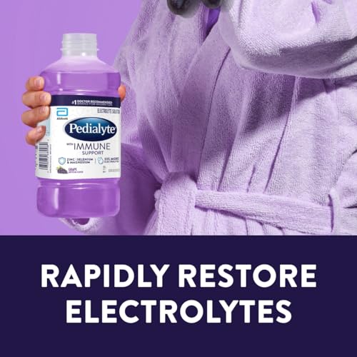 Pedialyte with Immune Support Electrolyte Solution, Hydration Drink with Zinc, Selenium, and Magnesium, Grape, 1 Liter, Pack of 4