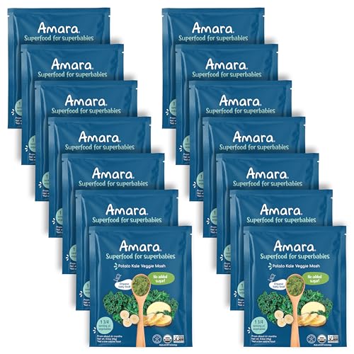 Amara Organic Baby Food - Stage 2 - Kale Potato - Baby Cereal to Mix With Breastmilk, Water or Baby Formula - Shelf Stable Baby Food Pouches Made from Organic Fruit and Veggies - 14 Pouches, 3.5oz Per Serving