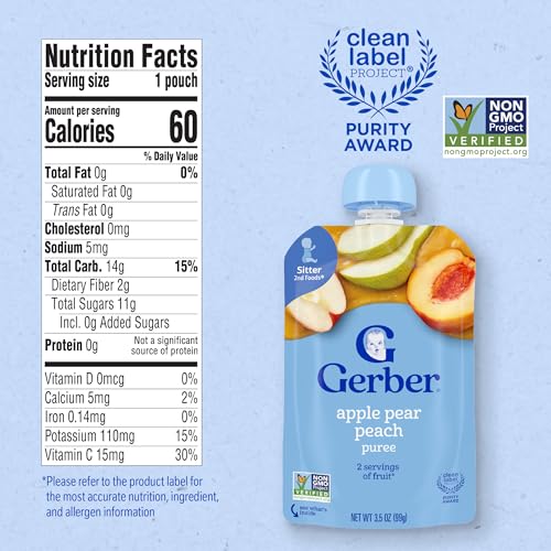 Gerber Stage 2 Baby Food, Apple Pear Peach Puree Pouch, Baby Food, 2 Servings of Fruit, No Added Sweetener, No Artificial Colors or Flavors, 12-Pack