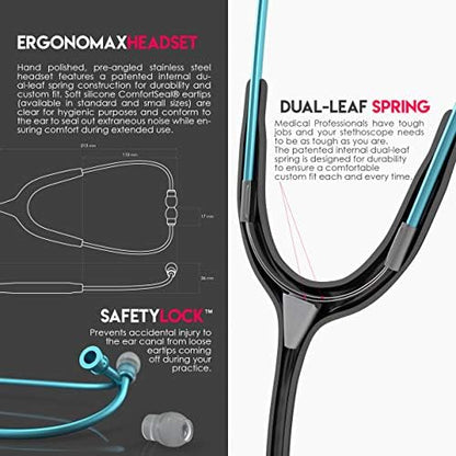 MDF Instruments, Acoustica Lightweight Stethoscope for Doctors, Nurses, Students, Home Health Use, Adult, Dual Head, Black Tube, Aqua Chestpiece-Headset, MDF747XPAQ11