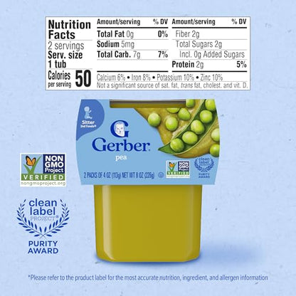 Gerber Stage 2 Baby Food Peas, Baby Peas Puree Tub, No Added Salt, No Artificial Colors or Flavors, Baby Puree, Baby Food Vegetables, 16-Pack