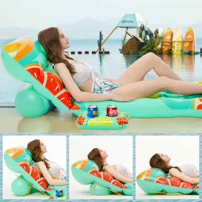 Jasonwell Inflatable Pool Float Adult - Pool Floaties Lounger Floats Floating Chair Raft with Adjustable Backrest Cup Holders Water Floaty Lake Lounge Tanning Floats Beach Party Toys for Adults Fruit