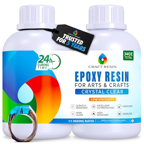 CRAFT RESIN 34OZ Crystal Clear Epoxy Resin Kit - Food Safe & UV Resistant for DIY Art, Wood, Jewelry Making, Coasters, Molds Casting Resin Epoxy - Low Viscosity, Self Leveling for Beginners & Pros