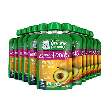 Gerber Organic Baby Food Pouches, 2nd Foods for Sitter, WonderFoods, Pear Mango Avocado, 3.5 Ounce (Pack of 12)