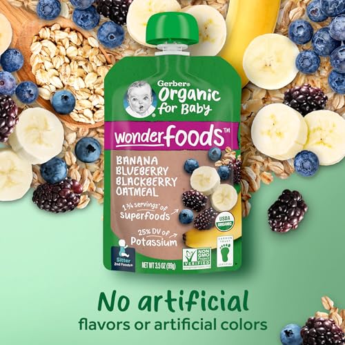 Gerber Organic Baby Food Pouches, 2nd Foods for Sitter, WonderFoods, Banana Blueberry Blackberry Oatmeal, 3.5 Ounce (Pack of 12)