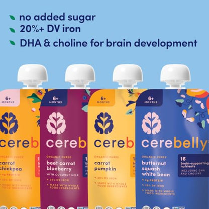 Cerebelly Organic Baby Food Pouches – Organic Hearty Veggie Purees | 16 Nutrients, No Added Sugar, Non-GMO | Blended Toddler Food | 4oz BPA-Free | 4 Flavors | 8 Pack
