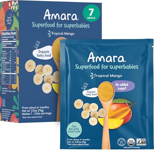 Amara Organic Baby Food - Stage 2 - Tropical Mango - Baby Cereal to Mix With Breastmilk, Water or Baby Formula - Shelf Stable Baby Food Pouches Made from Organic Fruit - 7 Pouches, 3.5oz Per Serving