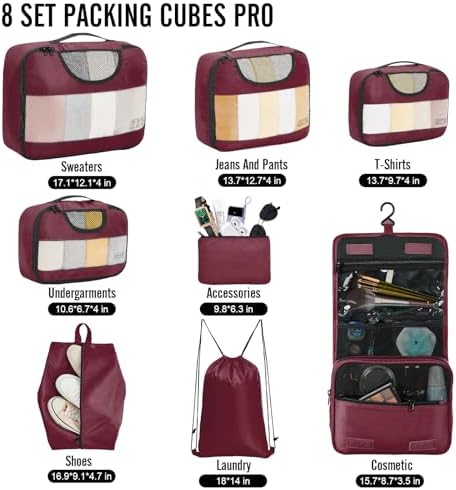 Veken 8 Set Packing Cubes for Travel Essentials, Suitcase Organizer Bags in 4 Sizes, Carry-On Luggage Accessories with Large Laundry & Hanging Toiletry Bag, Must-Have for Airplane, Road Trip & Camping