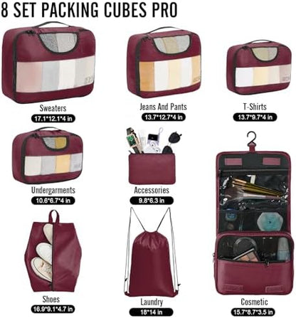 Veken 8 Set Packing Cubes for Travel Essentials, Suitcase Organizer Bags in 4 Sizes, Carry-On Luggage Accessories with Large Laundry & Hanging Toiletry Bag, Must-Have for Airplane, Road Trip & Camping