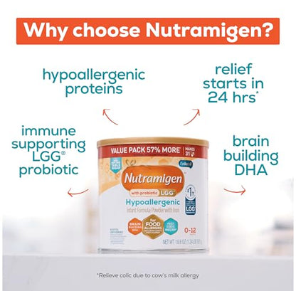 Enfamil Nutramigen Hypoallergenic Baby Formula with Iron, Lactose Free, Colic Relief from Cow's Milk Allergy Starts in 24 Hours, Brain Building DHA, Probiotic LGG for Immune Support, 19.8 Oz, 4 Count