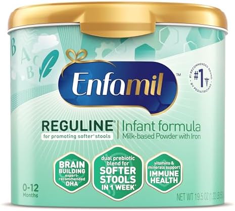 Enfamil Reguline Baby Formula, Milk-Based Infant Nutrition, Dual Prebiotics for Soft, Comfortable Stools within 1 Week of Use, Omega-3 DHA for Immune Support, Reusable Powder Tub, 19.5 Oz