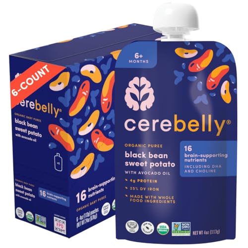 Cerebelly Baby Food Pouches – Organic Black Bean Sweet Potato Purees for Toddlers | No Added Sugar, Fiber, Non-GMO | Blended Puree Pouches | 4 Ounce BPA-Free Organic Baby Food | 6 Pack