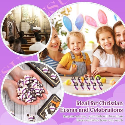 Bememo 100 Pcs Little Jesus Figures Jesus Loves You Original Design Rubber Pocket Toys Little Figures to Hide and Seek Sunday School Religious Party Share Gifts(Purple)
