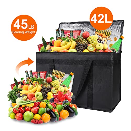 Bodaon 2-Pack Insulated Food Delivery Bag, XX-Large Reusable Grocery Shopping Bag, Frozen Food Cold, Cooler Bags with Zippered Top, Black